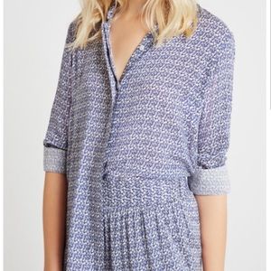 BCBG Floral Button Down Open Back Blouse White Navy Long Sleeve Collared Top